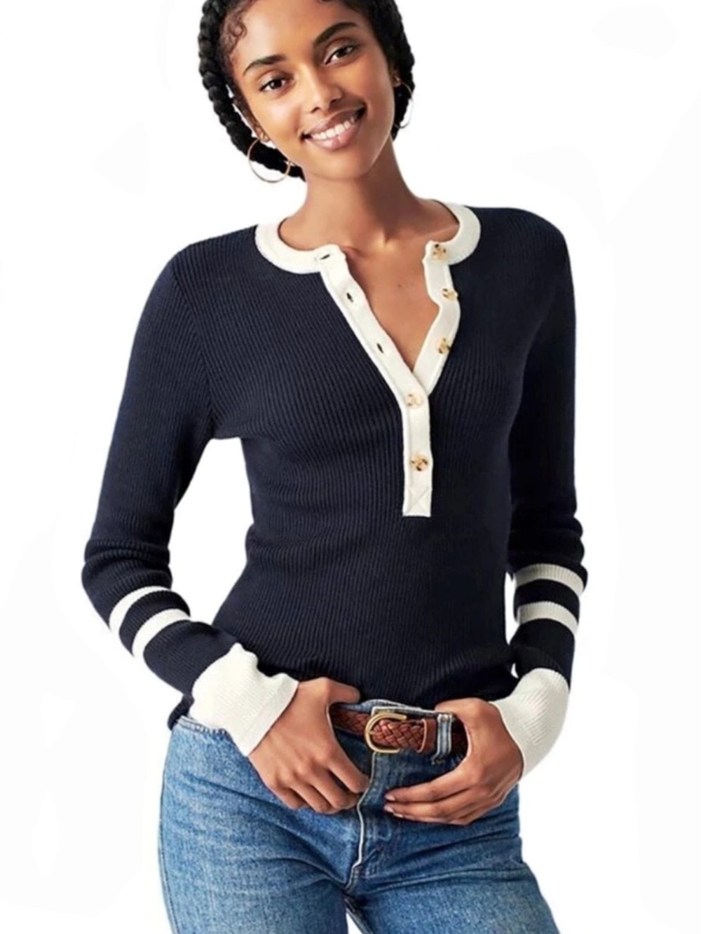 Faherty Mikki Henley Boyfriend Cardigan Knit Navy and White 95% Organic Cotton s